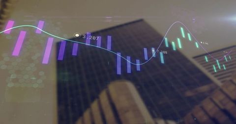City skyscraper with neon candlestick charts overlay for finance and data visualization