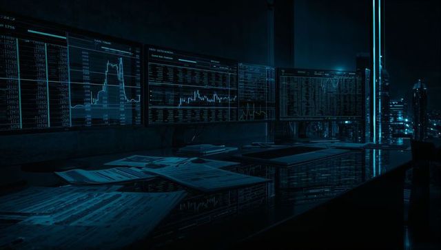 Futuristic Night Trading Workspace with Market Graphs