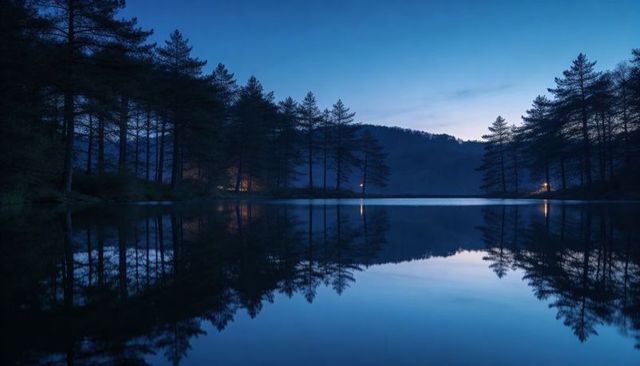 Pine forest reflecting on mirror-calm lake at blue hour with warm shoreline lights