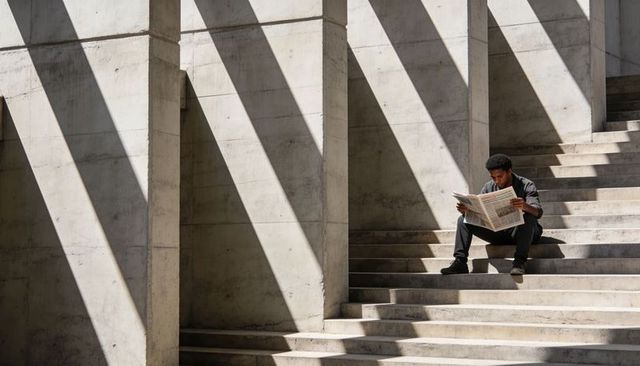 Solitary man reading newspaper on concrete steps with dramatic architectural shadows