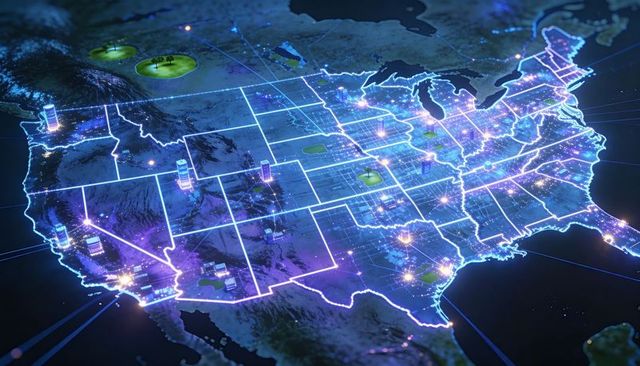 Neon Network Map of United States with Illuminated City Nodes and Data Grid