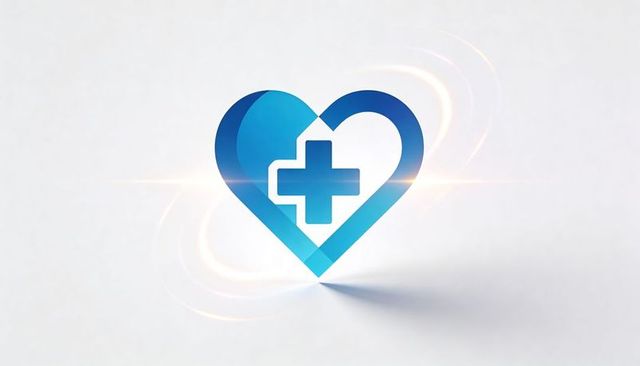 Blue heart with medical cross logo, glowing healthcare icon on clean white background