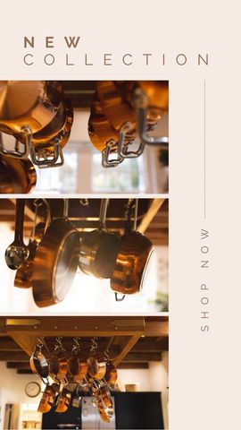 new kitchen collection: copper pots hanging elegantly - Download Free Stock Templates Pikwizard.com