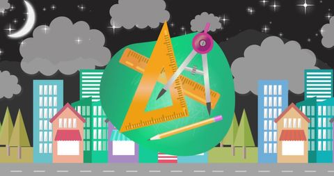 Back to School Concept with Educational Tools Over Cityscape at Night - Download Free Stock Images Pikwizard.com