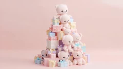 Orbiting Camera Revealing Pastel Teddy Bear Pyramid with Hidden Gifts in Soft Pink Studio