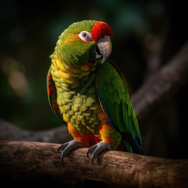 Parrot with brilliant green, yellow, and red feathers perched on tree branch in tropical forest. Ideal for use in wildlife, nature, or exotic animal themed content. Great for educational materials, environmental campaigns, or promotional materials for travel and tourism. Also suitable for decoration and art projects requiring vibrant colors and lively themes.