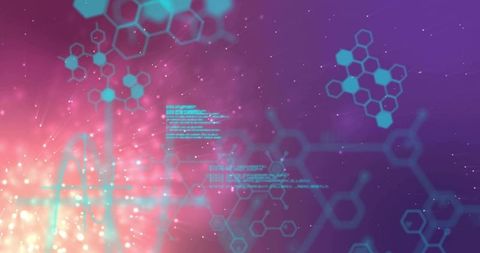 Teal hexagon network overlay with cyan code, warm flare, waveform arc, particle bokeh