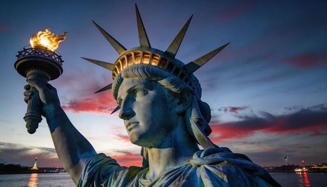 Statue of liberty torch glowing at dusk close-up of crown and face over harbor skyline