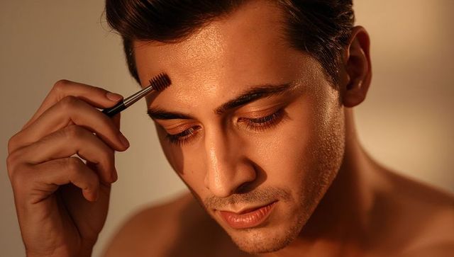 Male brow grooming closeup using spoolie brush for natural beauty routine and self-care