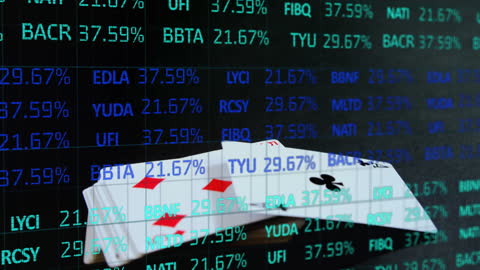 Stock Market Ticker Overlay on Gambling Cards Abstraction