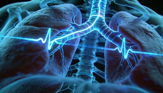 Neon-Blue 3D Lungs and Trachea with ECG Waveform Futuristic Medical Visualization AI Render