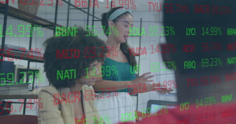 Business Analysts Discuss Market Trends with Digital Data Overlay