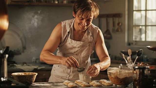 Sunlit artisan baker smiling while dusting flour over handmade pastries on wooden counter