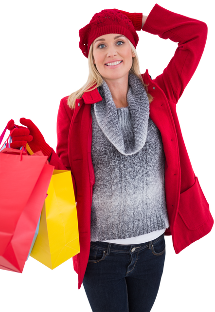 Blonde Woman in Winter Clothing with Shopping Bags on Transparent Background - Download Free Stock Videos Pikwizard.com