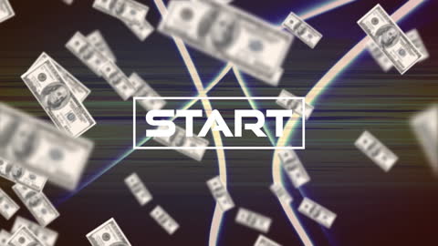 Flying Dollars with Futuristic Start Symbol in Digital Space
