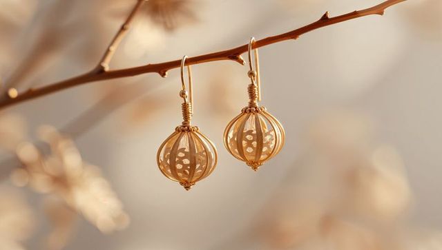 Gold filigree orb earrings hanging on twig catching warm light soft bokeh elegant jewelry