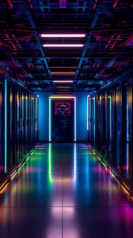 Gliding neon-lit server corridor revealing cyberpunk data center doorway — vertical tech footage