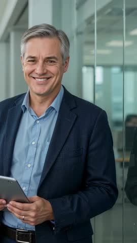 Executive Smiling While Reading Tablet in Glass Corridor Vertical Business Video