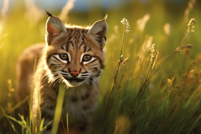 Young bobcat explores grassy meadow bathed in warm sunset light, creating serene and natural wildlife scene. Image can be used for education, nature conservation campaigns, wildlife photography, animal behavior studies, or natural life presentations.