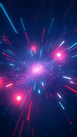 Neon nebula exploding into radial light streaks with particles and motion blur vertical video