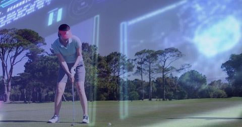 Female golfer prepares putting stroke on lush green golf course