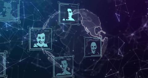 Global digital identity network with floating user profiles and futuristic data grid