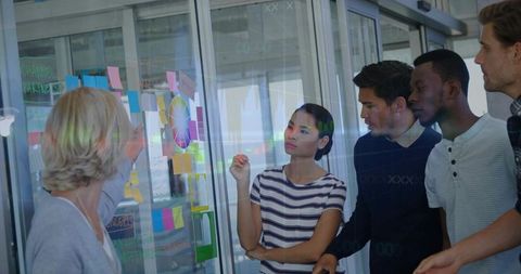 Collaborating around glass partition with color wheel and sticky notes