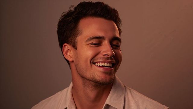 Smiling young man tilting head with warm studio lighting showing friendly casual charisma