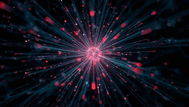Neon starburst core radiating cyan fiberoptic rays with magenta particles and glow