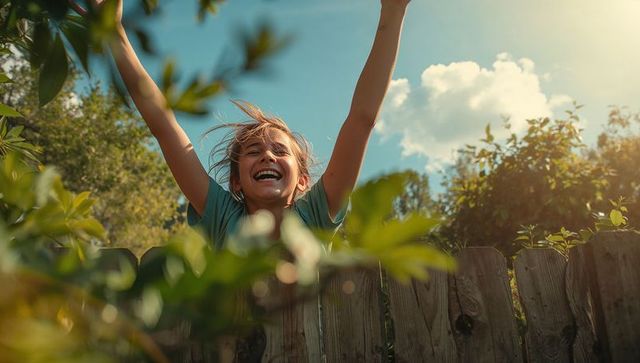 Laughing child leaning over wooden fence with sun flare and windblown hair, backyard