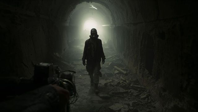 Silhouetted survivor wearing gas mask walking through post-apocalyptic arched tunnel