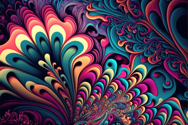 Colourful and psychedelic leaves on black background, created using generative ai technology. Landscape, psychedelic, pattern, abstract concept digitally generated image.