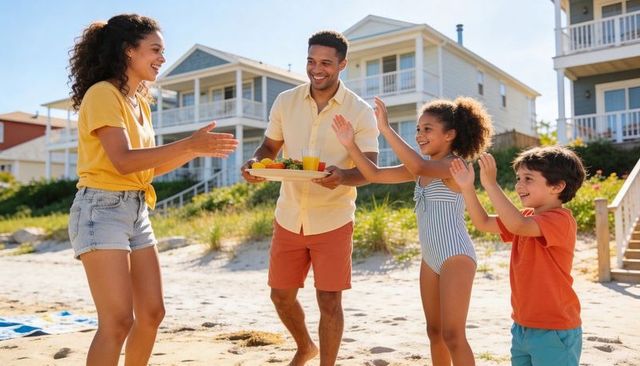 Smiling family carrying fruit and juice tray on sunny beach vacation by coastal cottages