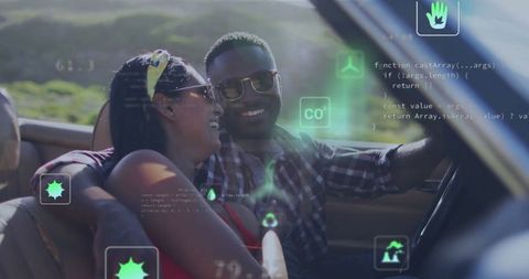 Couple enjoying scenic drive in convertible car with futuristic overlay