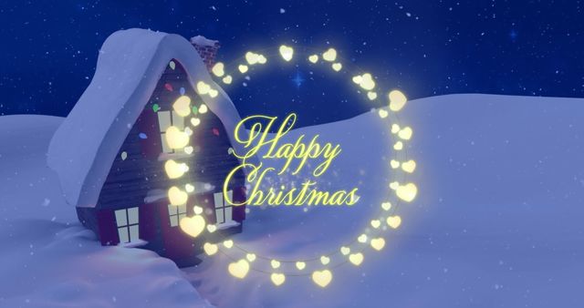 Happy Christmas Text Over Snowy Cottage with Fairy Light Heart - Download Free Stock Images Pikwizard.com