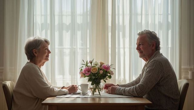 Senior couple sharing quiet morning conversation at home dining table with bouquet