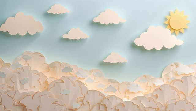 Whimsical pastel paper cloud collage with layered cream cutouts and sunny yellow sun