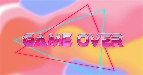Glowing game over text floating over pastel gradient with neon geometric triangles