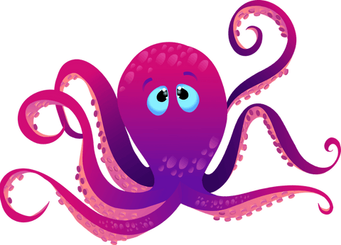 Playful stylized octopus with magenta tentacles on transparent background