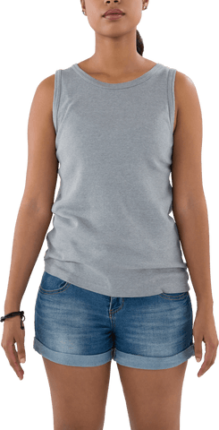 Young Woman in Transparent Gray Tank Top and Denim Shorts