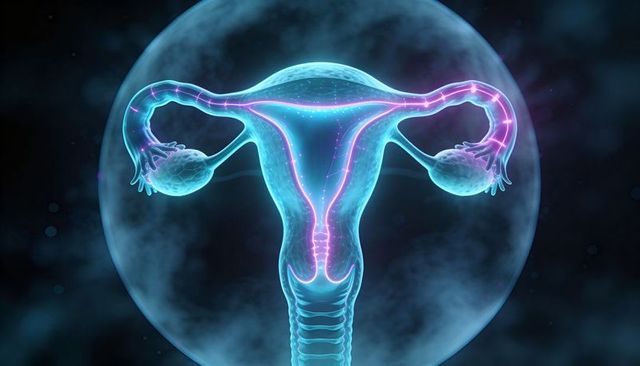 Glowing translucent uterus and ovaries medical illustration showing cervix, tubes, fimbriae