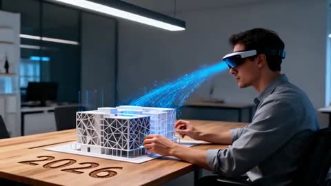 Architect wearing AR headset visualizing holographic airflow over building model 2026