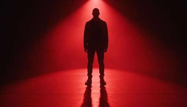 Silhouette man under red spotlight casting long shadow, cinematic dramatic atmosphere