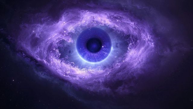 Ethereal violet cosmic eye nebula with dark orb and radiant blue halo