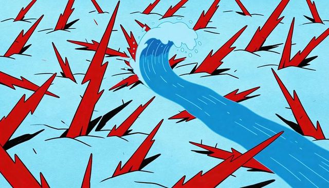 Surreal blue wave ribbon cutting through red spike field abstract minimalist vector art