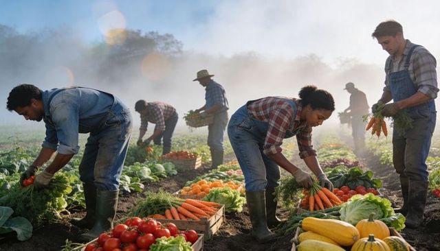 Misty-dawn harvest: farmworkers in overalls gathering carrots and tomatoes