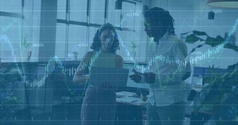 Professionals Discussing Stock Market Data in Modern Office Environment