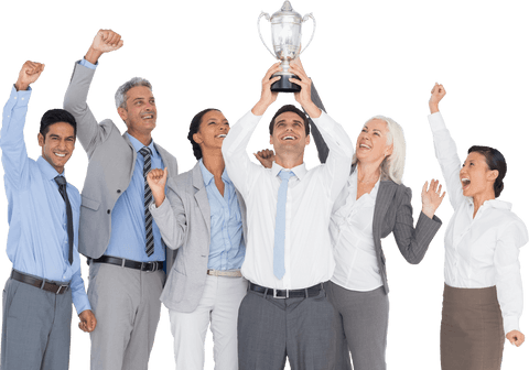 Transparent excited business team holding trophy in celebration