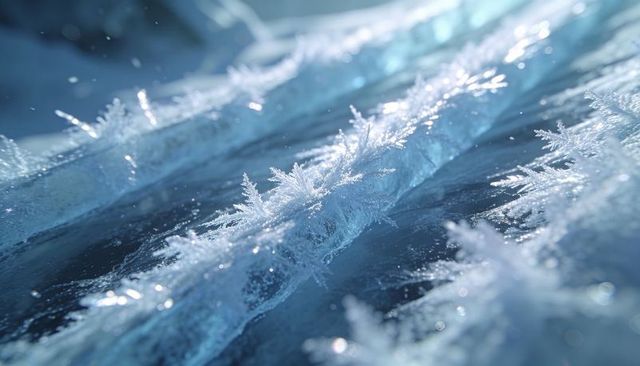 Dendritic frost crystals forming on frozen ridges, macro blue crystalline closeup
