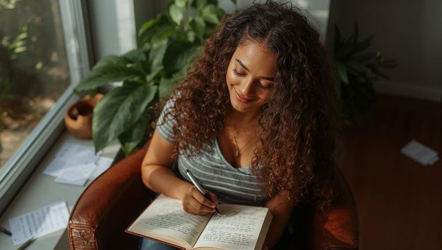 Curly-haired woman journaling in sunlit armchair, writing in journal by window